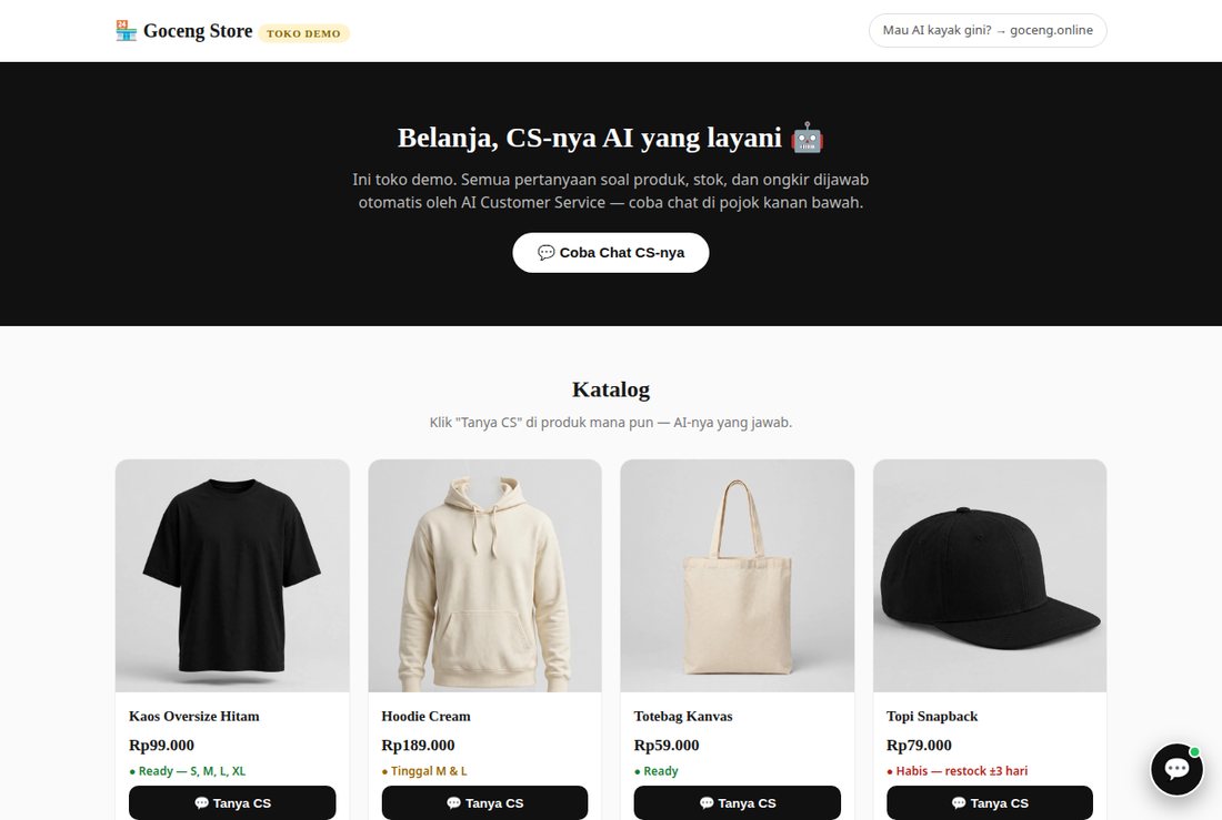 Screenshot of the live Goceng Store demo with AI customer service